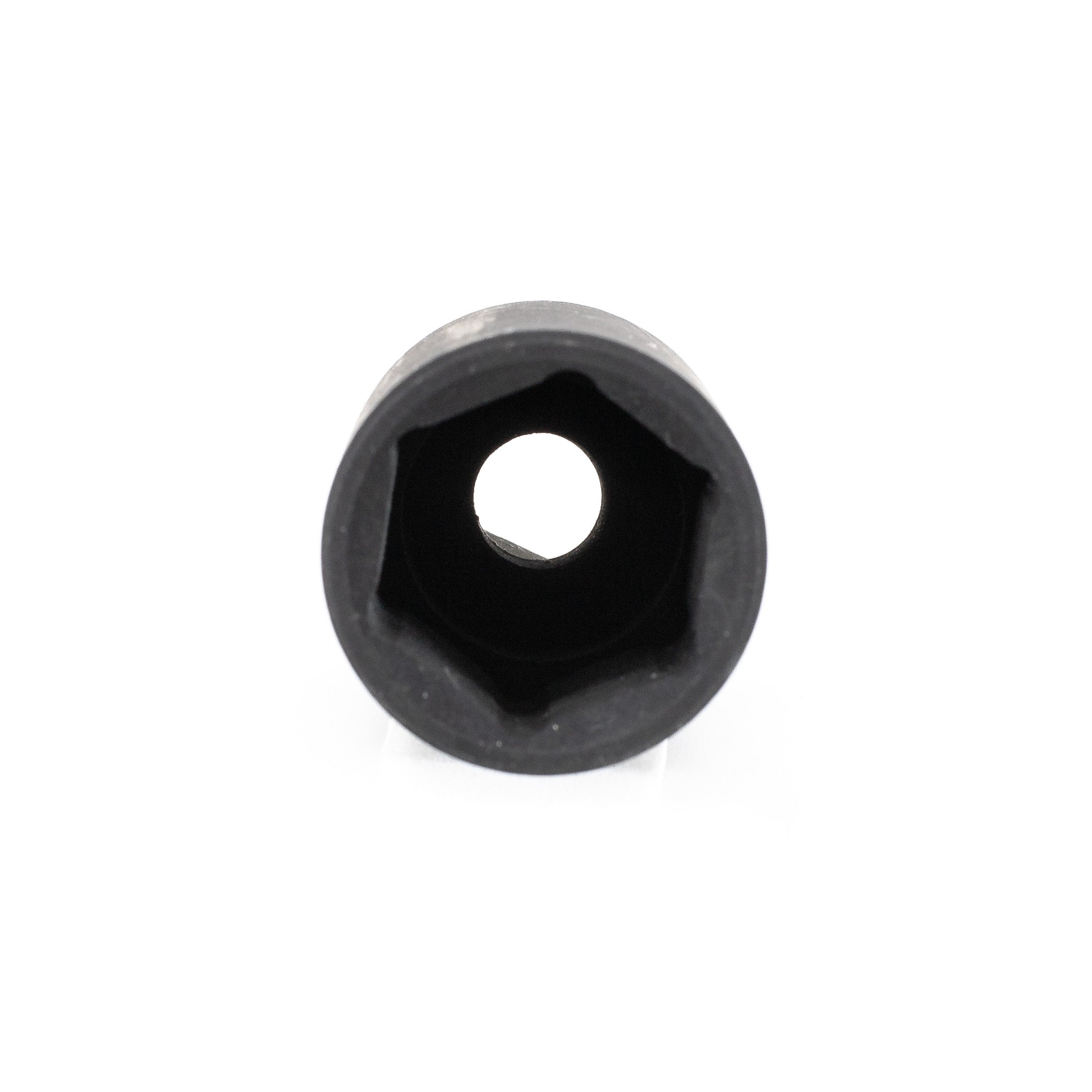 A close-up of an impact socket with a hexagonal socket head crafted from durable black chrome vanadium against a white background. The hexagonal opening and smooth, slightly reflective surfaces indicate its deep impact capabilities.