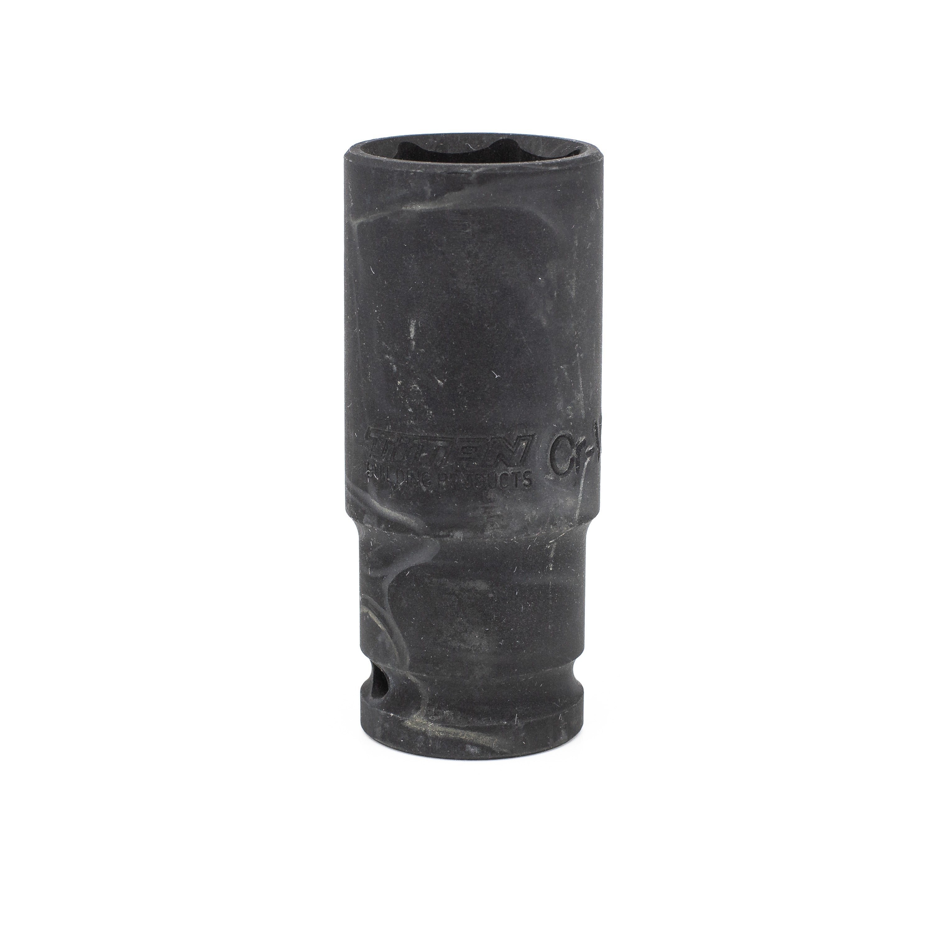 A black Impact Socket with wear and scuffs, featuring a cylindrical design, internal grooves, and engraved size/type label. Made from durable chrome vanadium, its perfect for use with a ratchet or impact wrench.