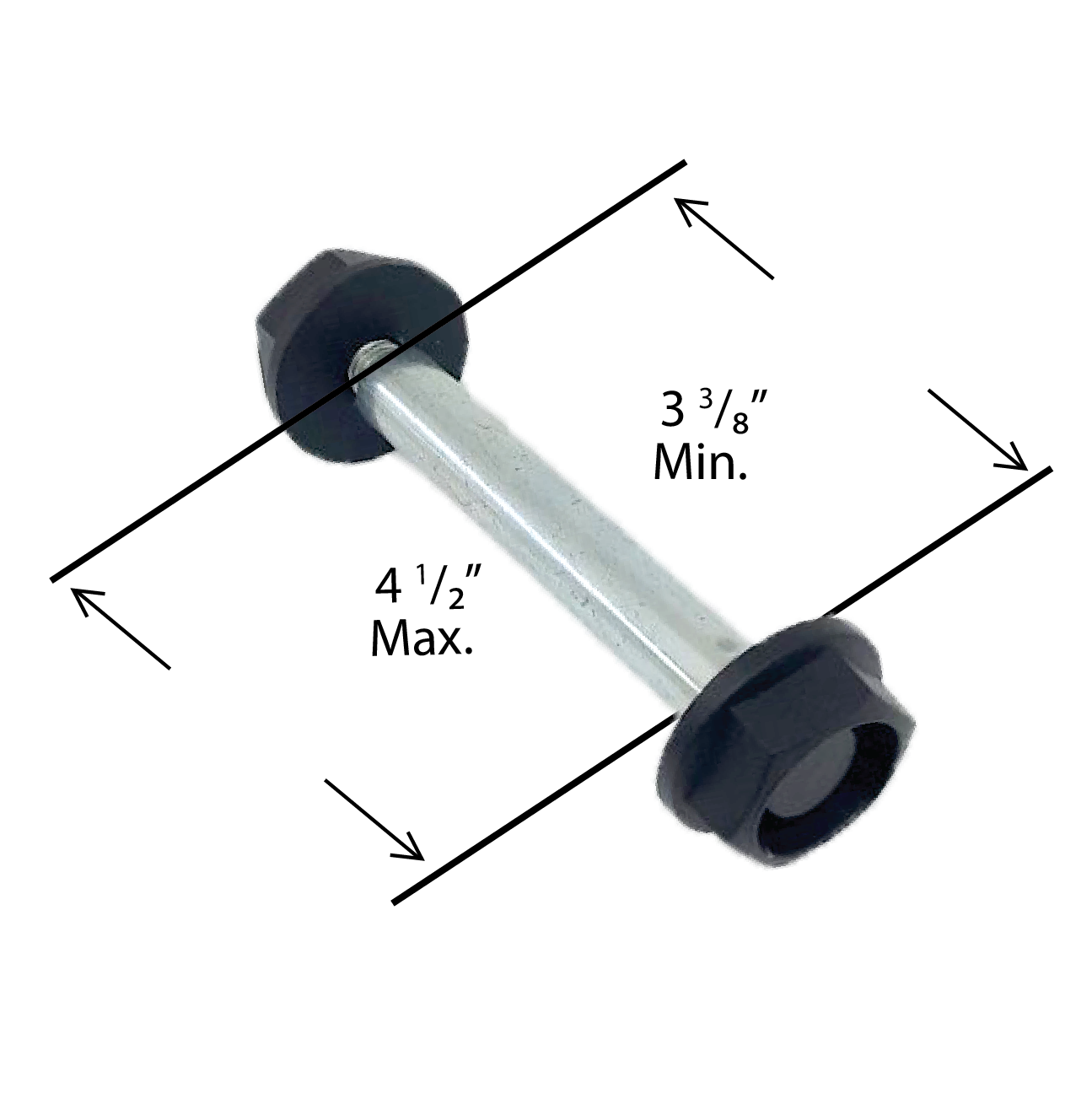 A diagonal metal rod with black hexagonal ends, resembling T.C Bolts™ 4x4 (pair), features adjustable length between 3⅜ and 4½ inches, marked by arrows.