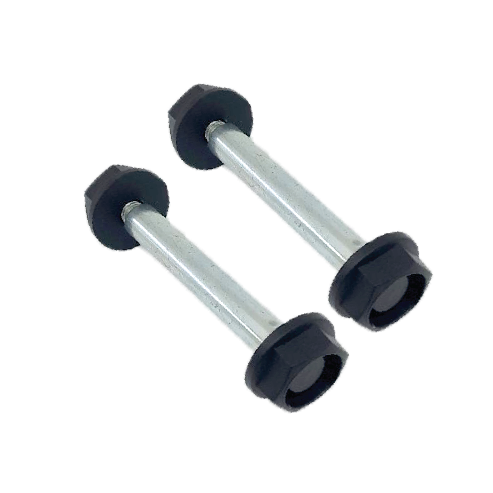 Two T.C Bolts™ 4x4, featuring metal rods with black hexagonal caps, are connected at each end and isolated on a white background.