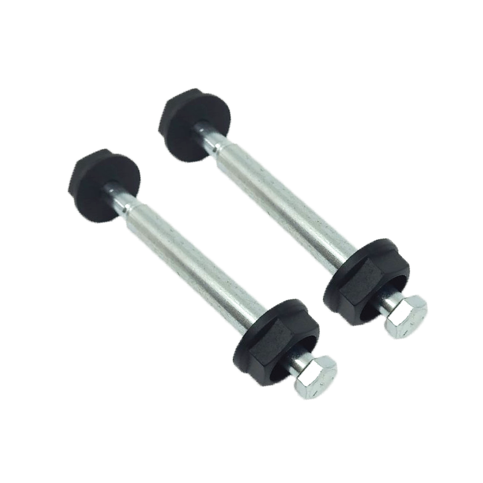 A pair of Titan Coupling Bolts, T.C Bolts™ 6x6, features long bodies with black hexagonal heads and nuts. Each bolt has a protruding square metal piece at the end, placed parallel on a white background.