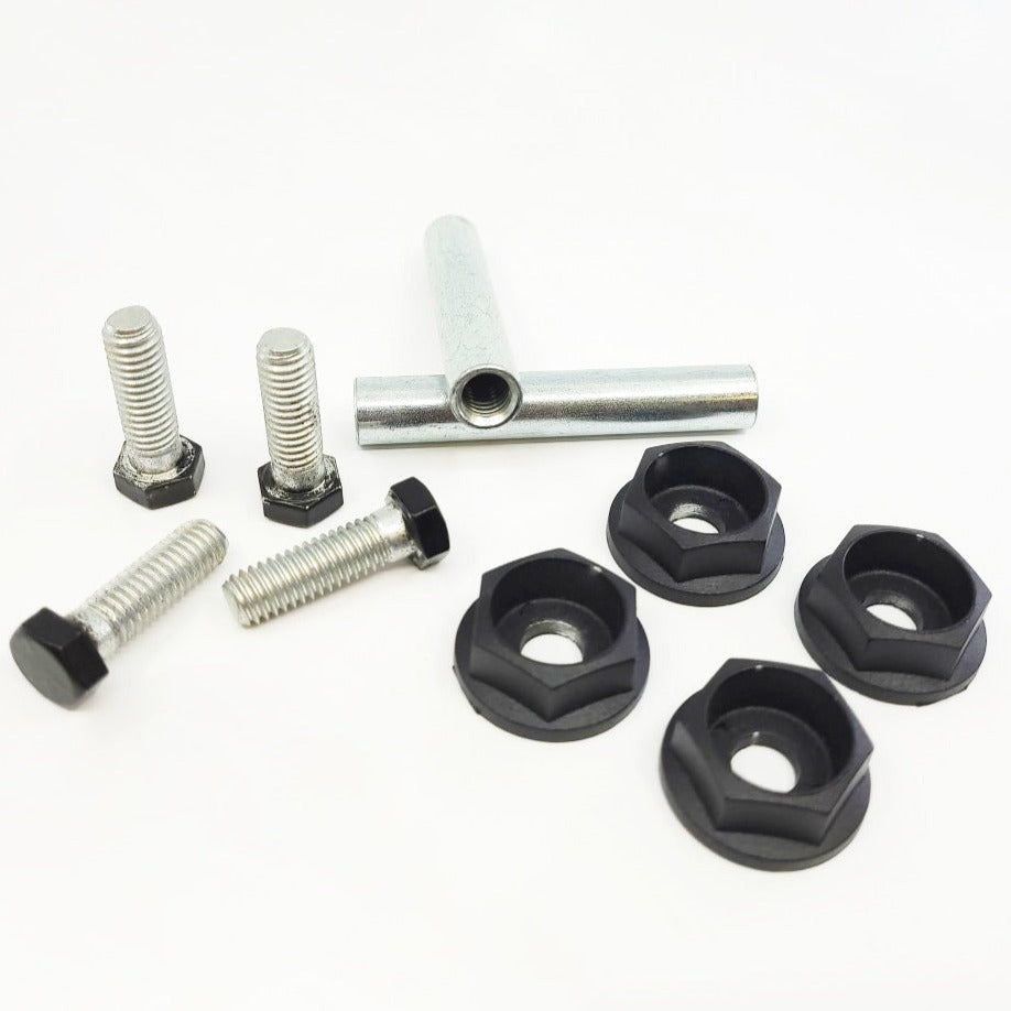 The T.C Bolts™ 4x4 (pair) set includes three hex bolts, one metal tube, and four black washers with hexagonal recesses; perfect for securing pergola posts or pairing with Titan Coupling Bolts.