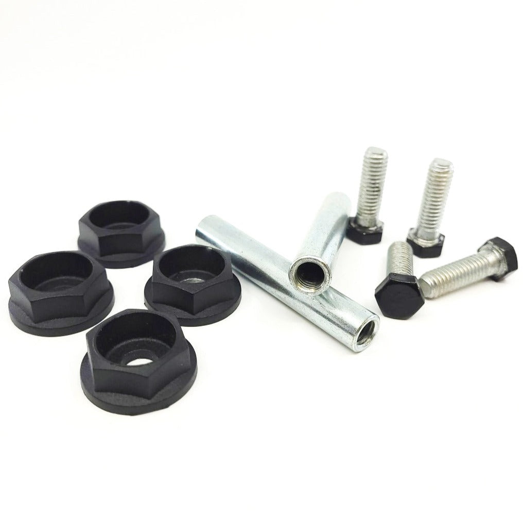Assorted hardware on a white background: three black hexagonal nuts, two metal spacers, and four silver screws with hex heads and washers—perfect for securing T.C Bolts™ 4x4 (pair).