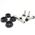 Assorted hardware on a white background: three black hexagonal nuts, two metal spacers, and four silver screws with hex heads and washers—perfect for securing T.C Bolts™ 4x4 (pair).