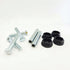 A variety of hardware items on a white background, showcasing three silver T.C Bolts™ 6x6 pairs, two cylindrical metal spacers, and four black hexagonal caps.