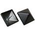 Two black pyramid-shaped caps, similar to Quick Cap Aluminum, highlight their distinct features: one with a hollow interior and a protruding stem, the other with a sleek pointed exterior.