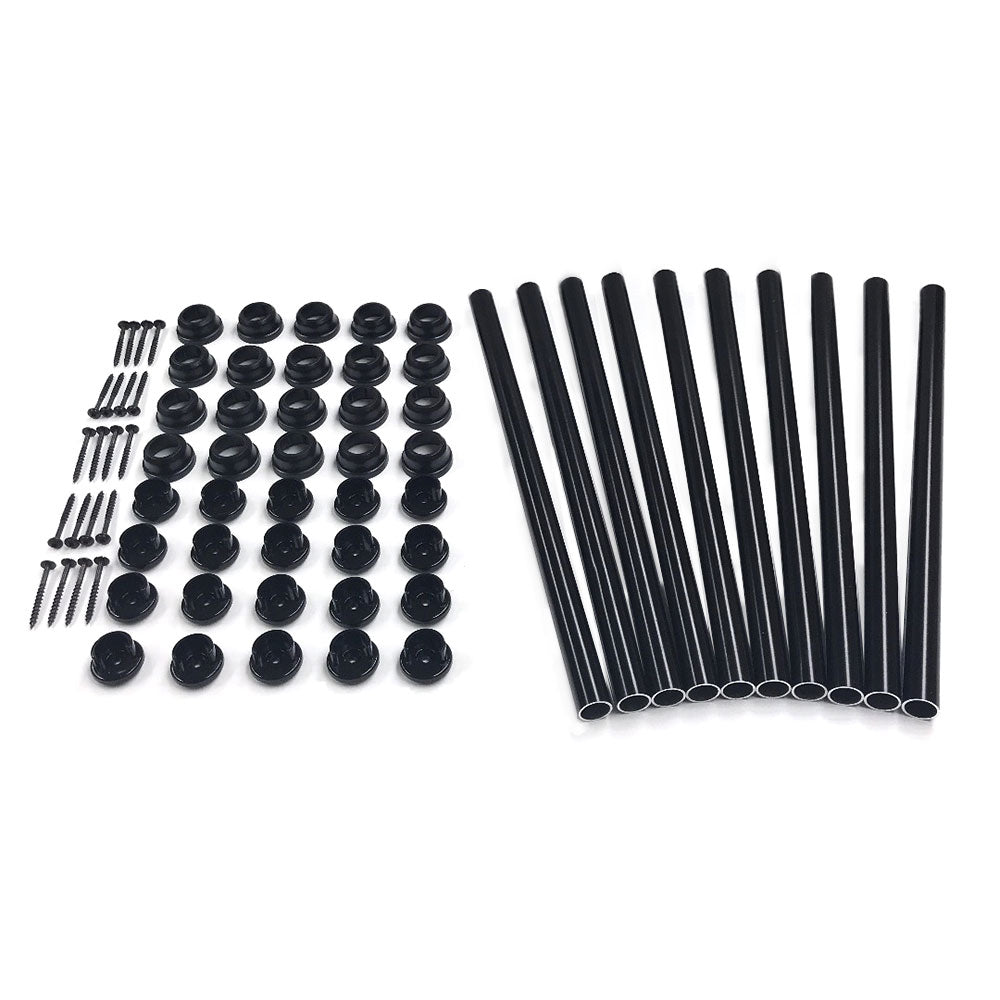 Snapn Lock® Fence Toppers™ - Round in black, along with aluminum balusters and various metal screws, are neatly arranged on a white background. The cylindrical rods complement the small screws and perfectly round black caps.