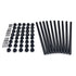 Snapn Lock® Fence Toppers™ - Round in black, along with aluminum balusters and various metal screws, are neatly arranged on a white background. The cylindrical rods complement the small screws and perfectly round black caps.