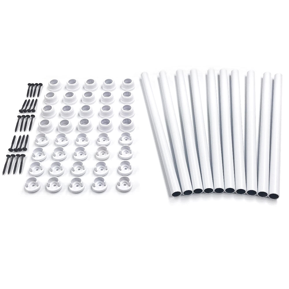 White components are arranged on a white background, including 12 tubes, 44 circular brackets, and 8 black screws. The collection also features aluminum balusters and Snapn Lock® Fence Toppers™ - Round for seamless installation.