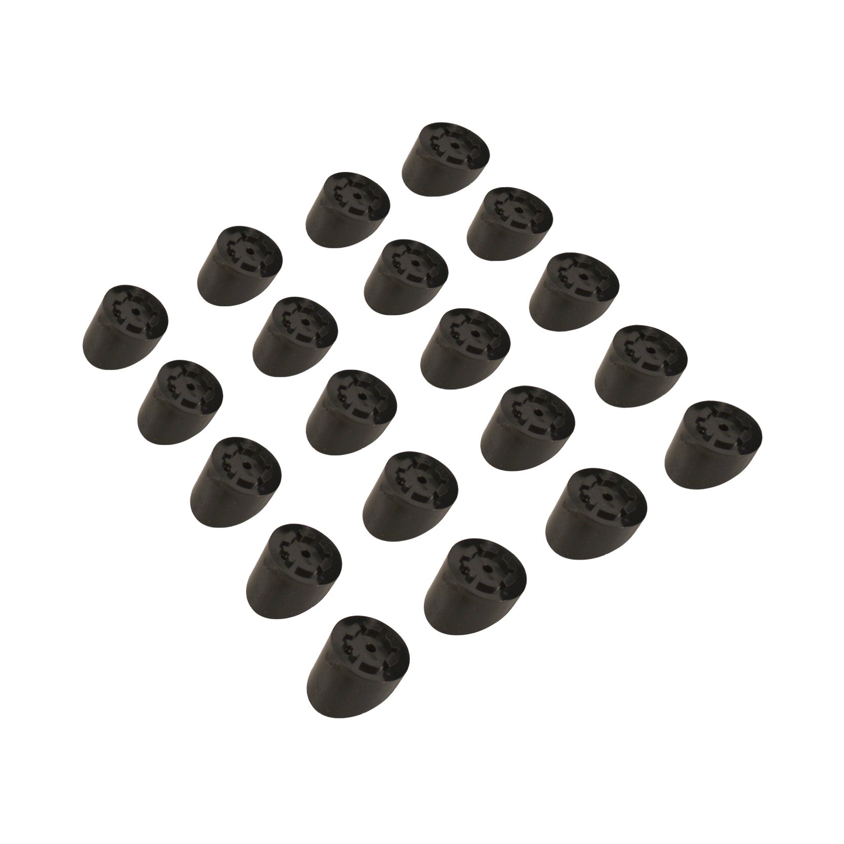 A group of Snapn Lock® Stair Adapters Round, black cylindrical rubber caps for chair legs, are arranged in a staggered grid on a white background. They protect floors from scratches and reduce noise.