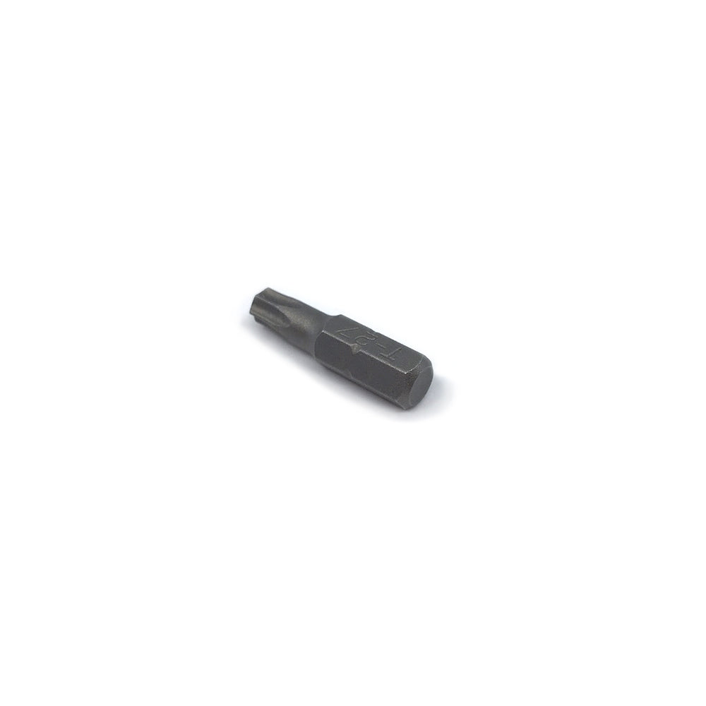 A T27 Six Lobe Driver Bit, featuring a hexagonal base and precision tip for fitting screws, rests on a plain white background, making it ideal for flat head screws.