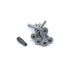 Six silver Torx screws are arranged on a white surface next to a T27 Six Lobe Driver Bit, which perfectly matches them.