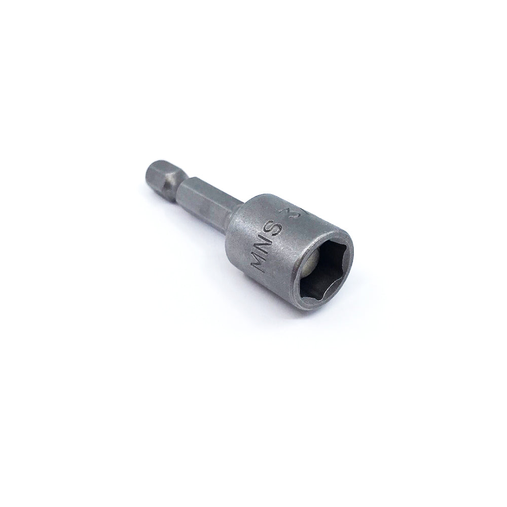 A sleek 3/8x1-7/8 Hex Socket Driver with a silver metal finish, hexagonal drive, and cylindrical body is perfect for linking power tools to sockets. Displayed on a plain white background, it highlights its precision-engineered design.