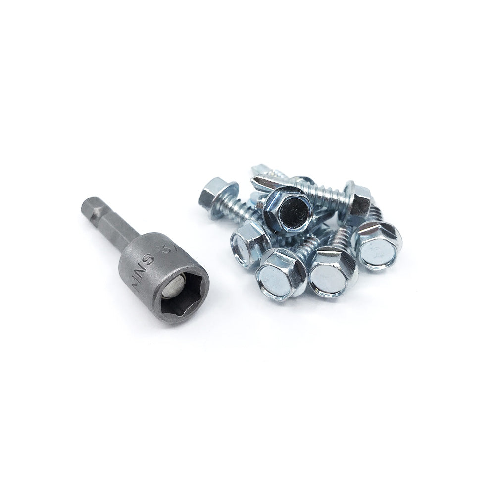 A 3/8x1-7/8 Hex Socket Driver is placed next to a neatly arranged small pile of shiny self-drilling metal screws with hexagonal heads on a white surface.