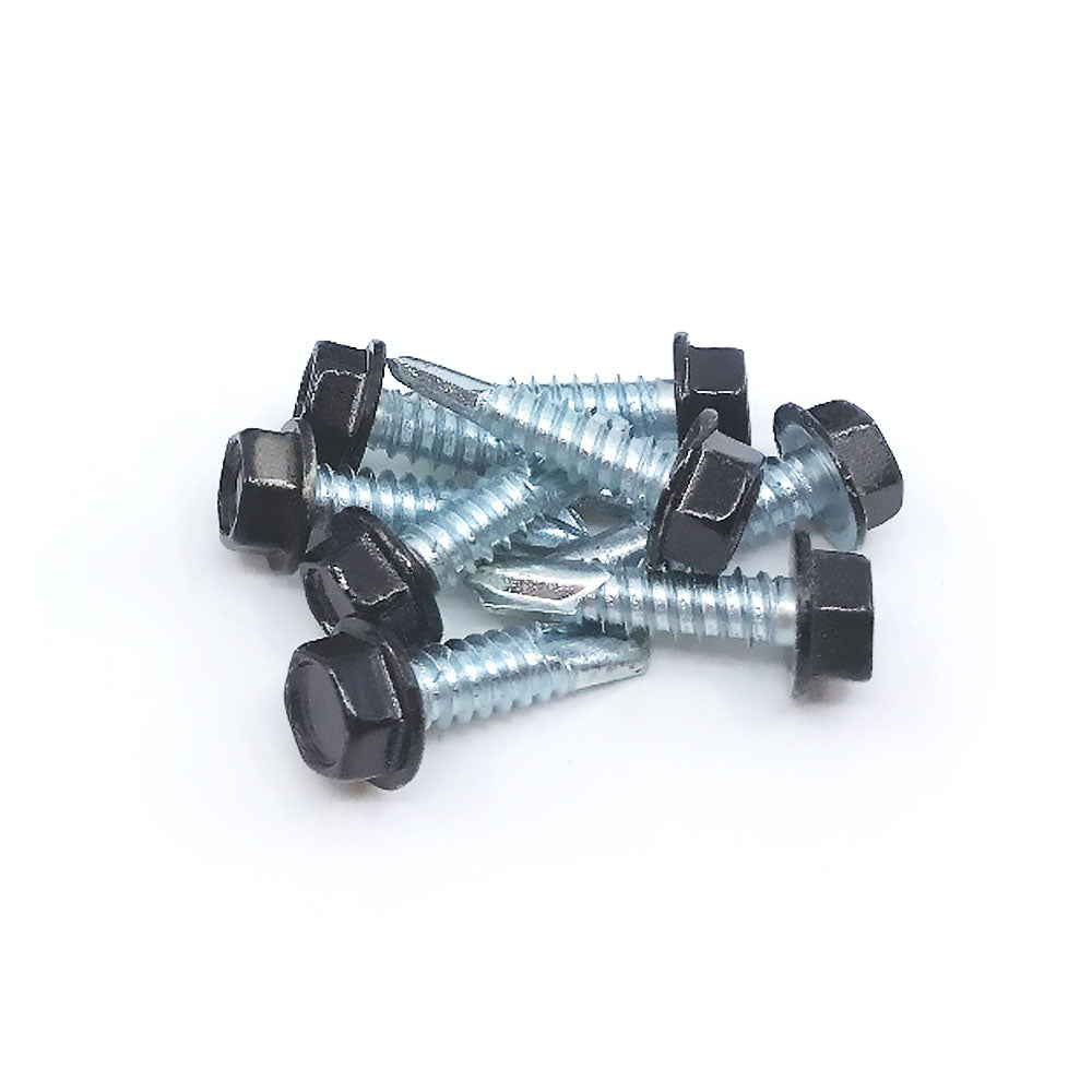 A small pile of Self-Drilling Metal Screws, featuring shiny, metallic bodies and black hexagonal heads with pointed ends, is arranged on a plain white background. Ideal for tasks such as securing pergola post brackets or deck foot anchors.