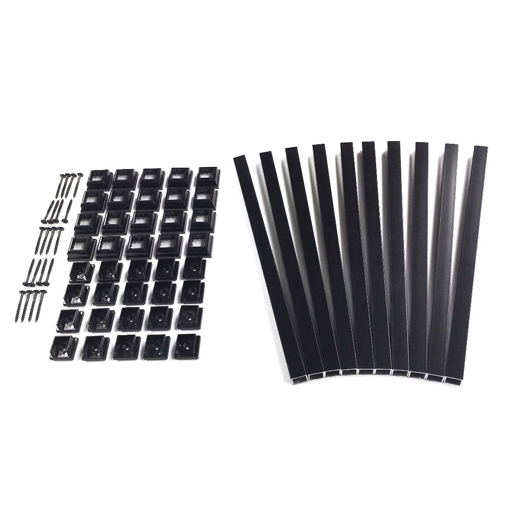 The Snapn Lock® Fence Toppers™ - Square set features black plastic components, similar to privacy fence pieces, with rectangular brackets, straight rods, small clips, and screws, all arranged on a white background.