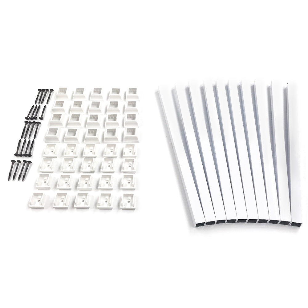 Snapn Lock® Fence Toppers™ - Square white wall mounting brackets with screws are arranged in a grid on the left, alongside ten sleek, white plastic rails resembling aluminum balusters on the right.