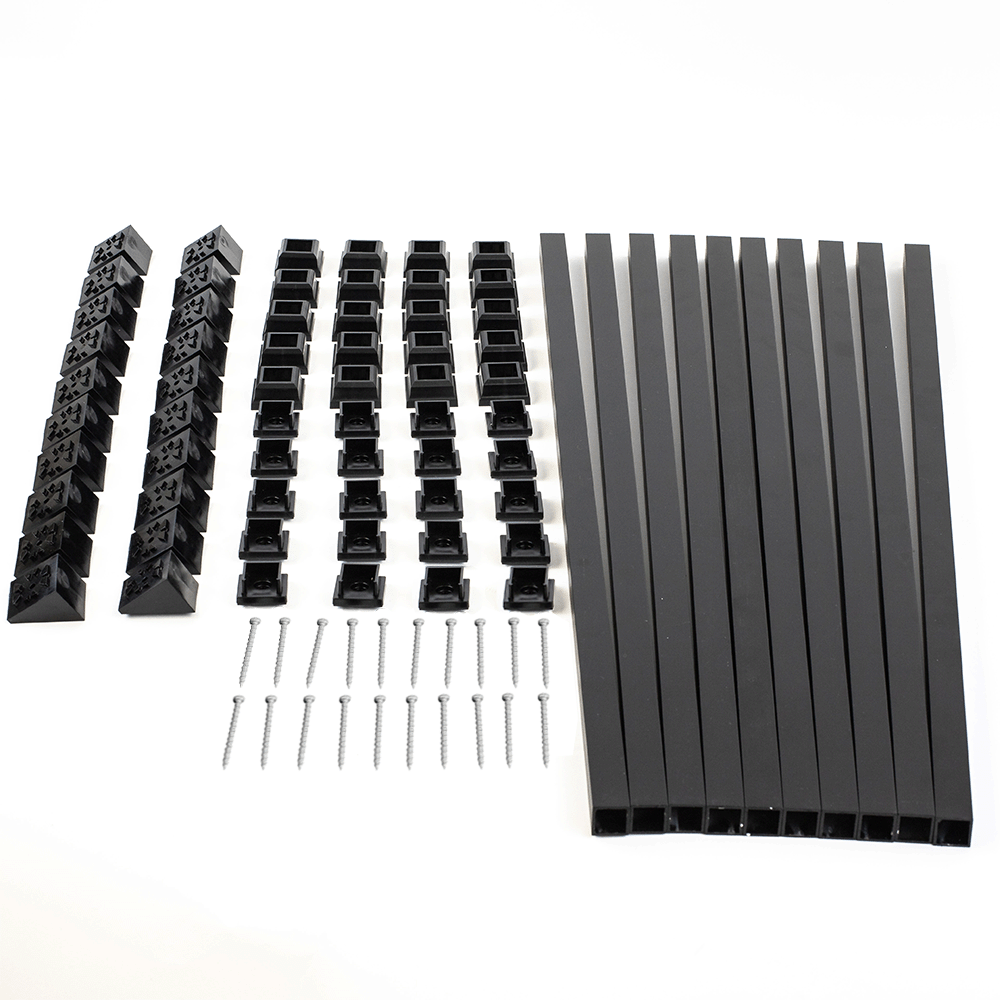 Black metal components including brackets, rods, and screws on a white background