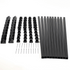 Black metal components including brackets, rods, and screws on a white background