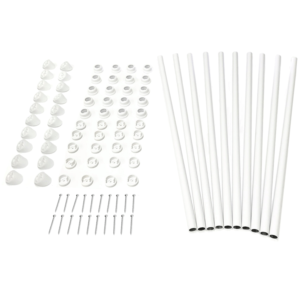 Set of white parts, balusters, connectors, and angle adapters on a white background