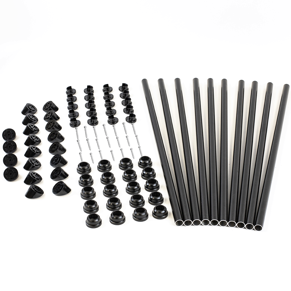 Set of black metal balusters, connectors  and angle adapters on a white back grounde