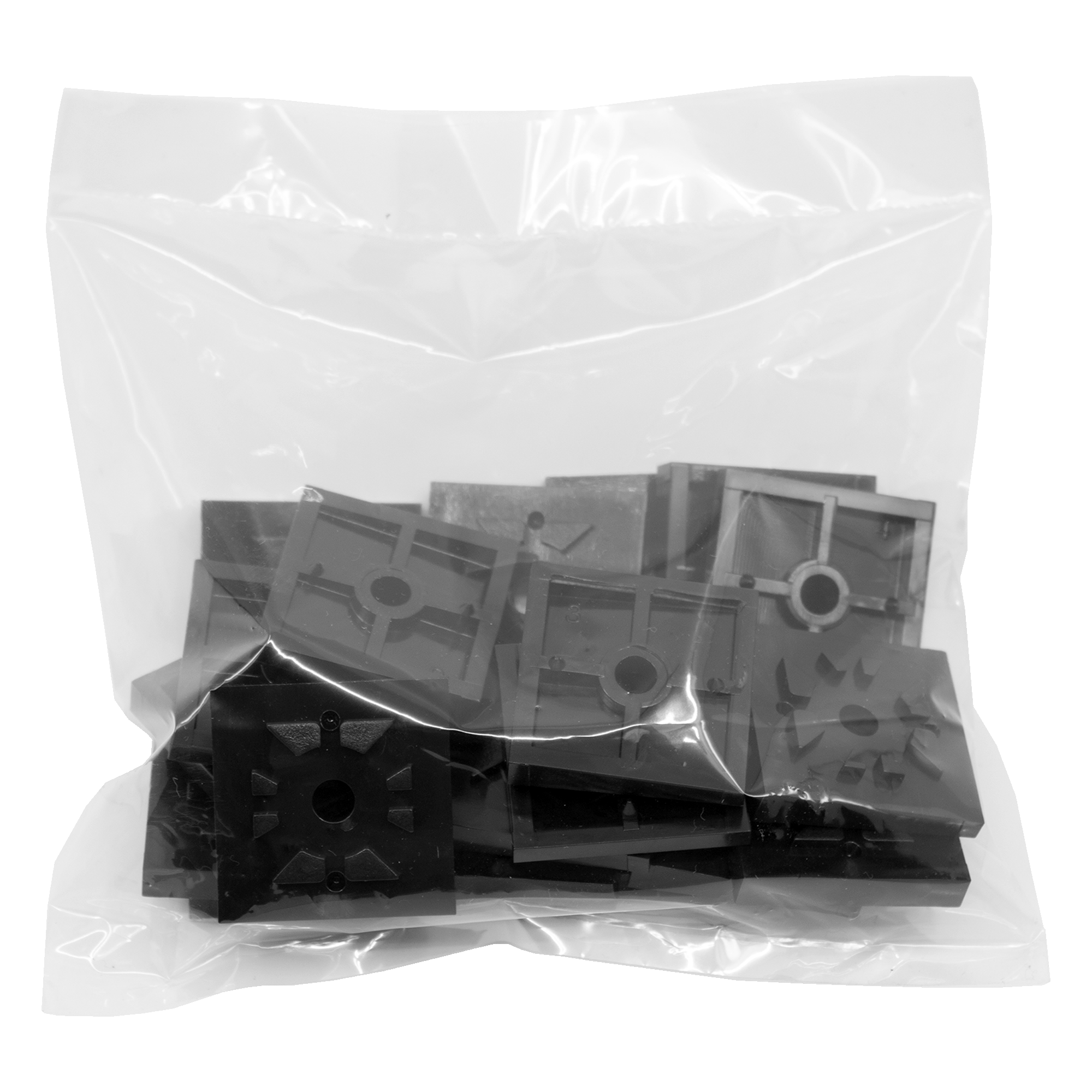 Clear plastic bag with 20 snap'n stack adapters inside on a white background