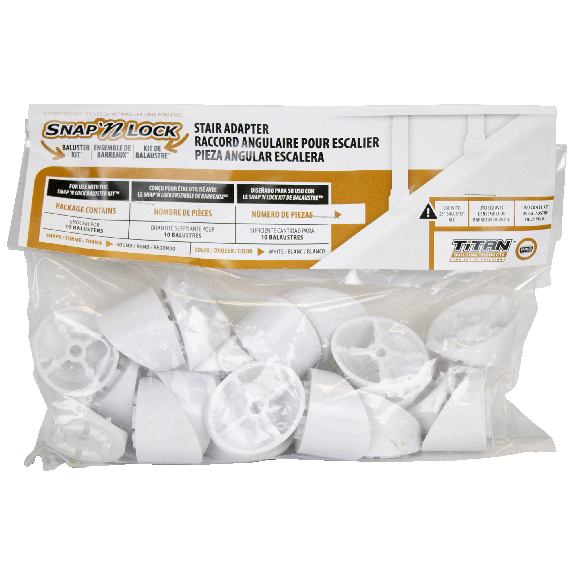 Bag of white stair adapter components with Snap N Lock packaging on a white background