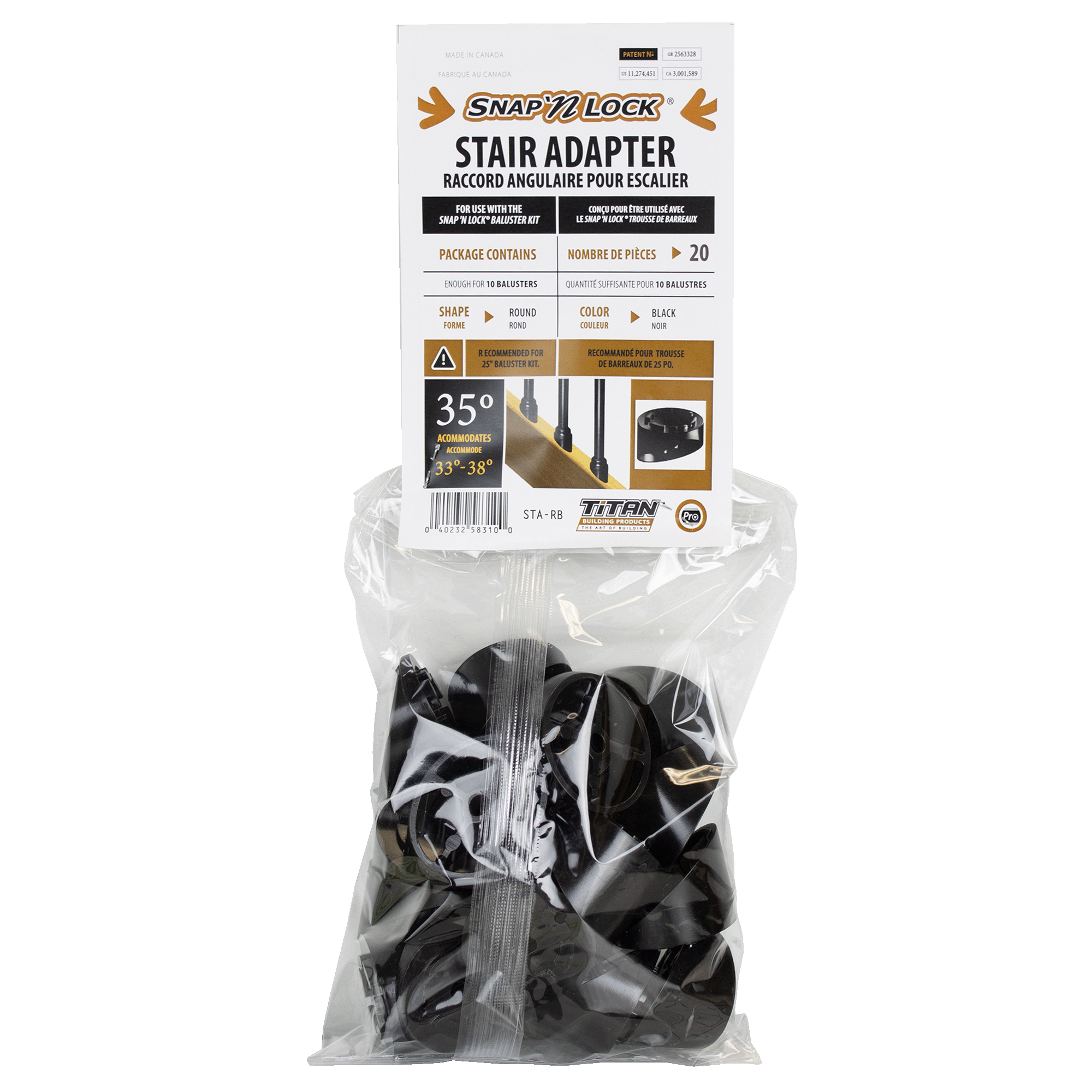 Snap Lock stair adapter packaging with clear plastic bag on a white background