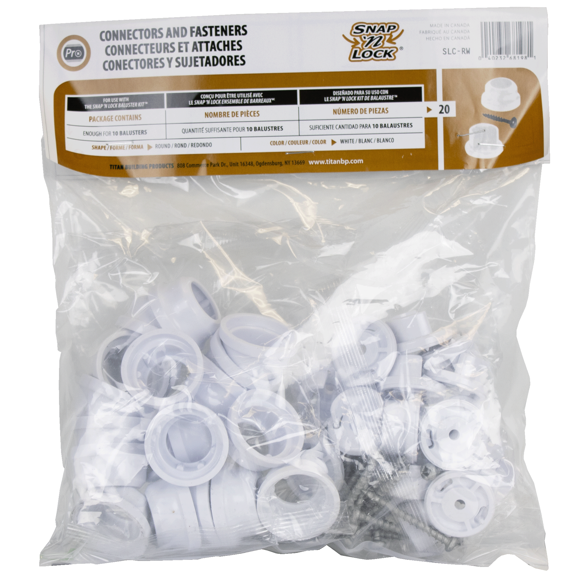 Bag of white connectors and fasteners with Snap Lock branding on packaging