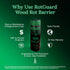 Advertisement for RotGuard Wood Rot Barrier with features listed on a green background