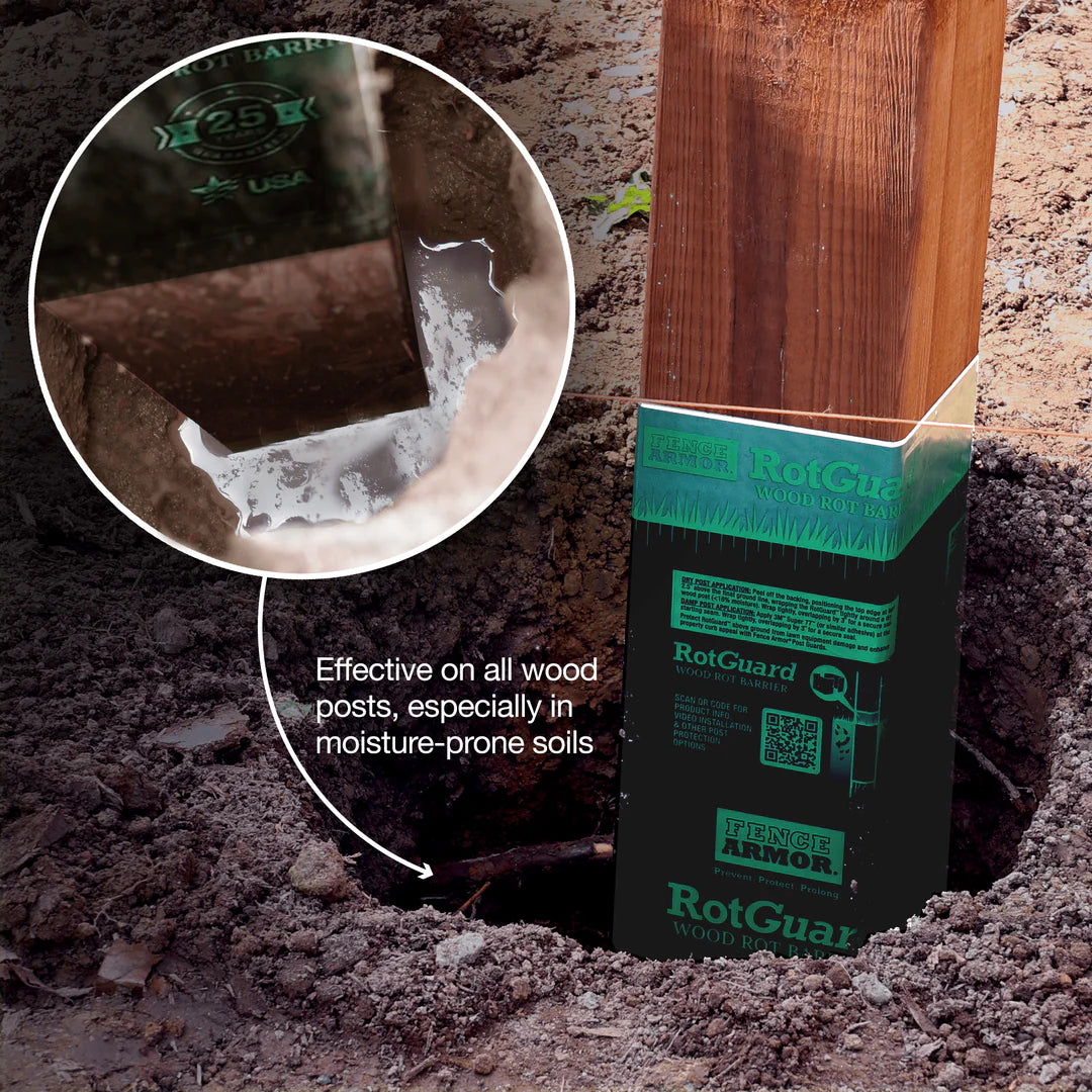 RotGuard wood preservative packaging with a wooden post and soil background
