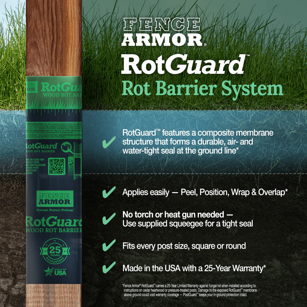 Fence Armor RotGuard rot barrier system packaging with text on a grassy background