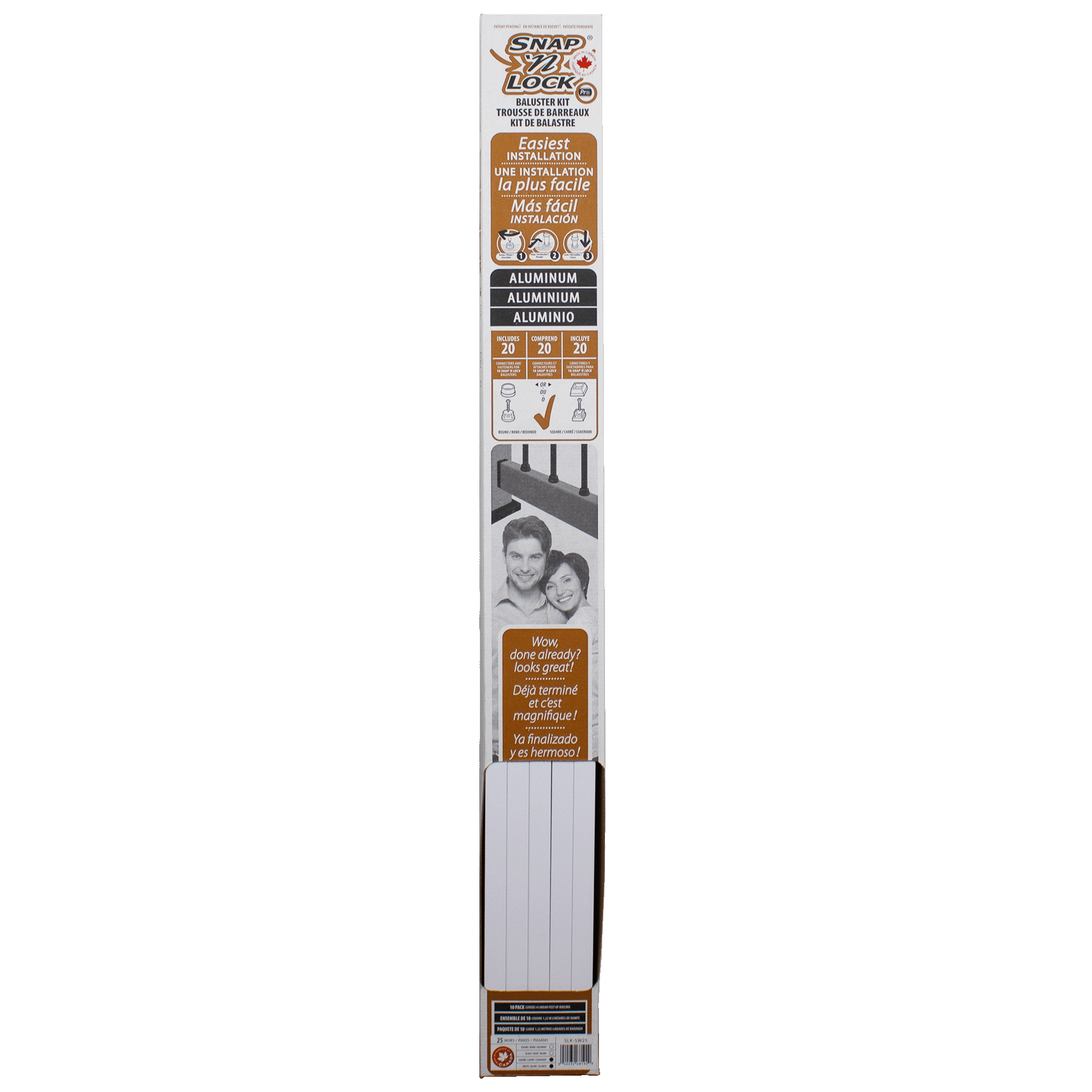 25" square white balusters in packaging on transparent background