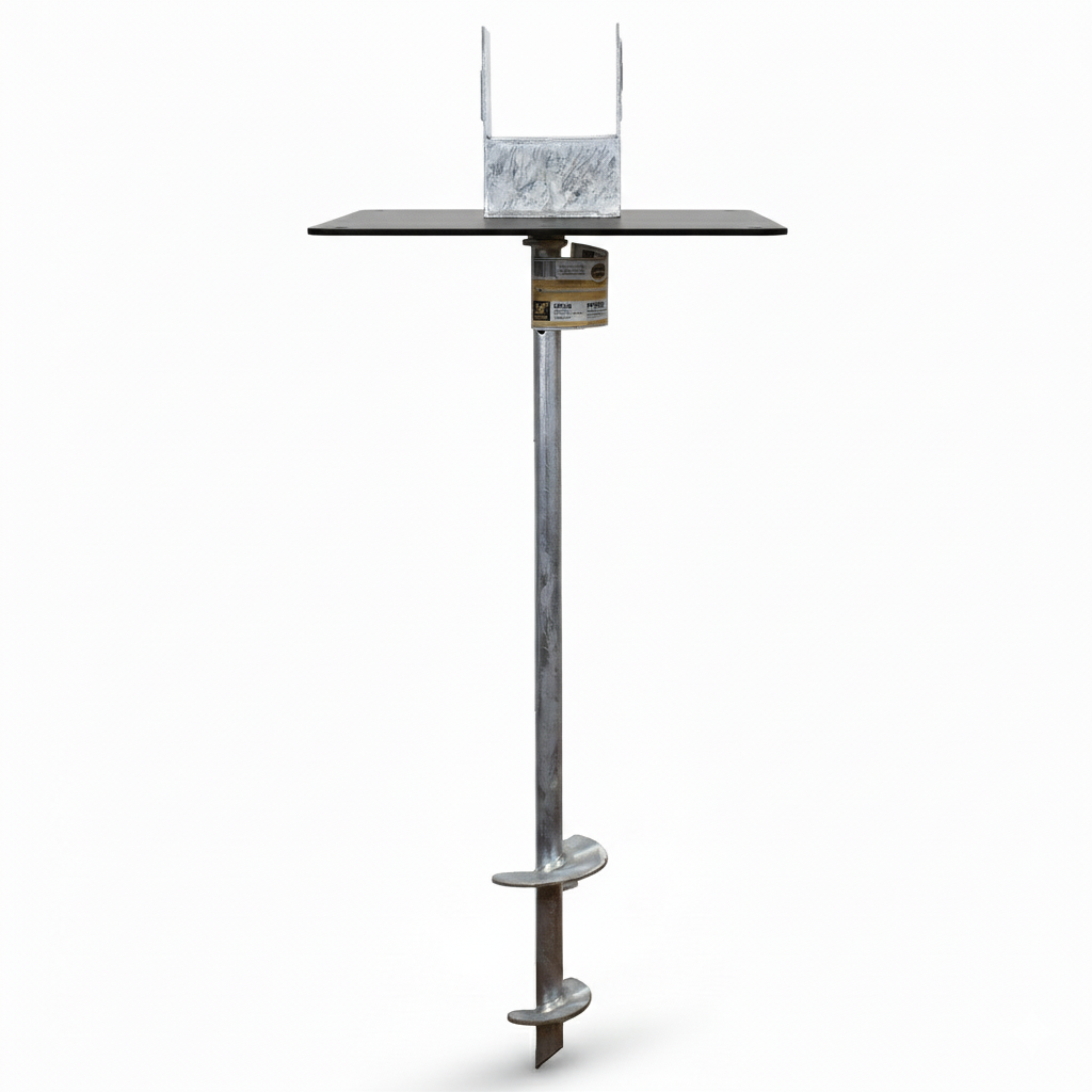 deck foot anchor with flat black load plate upright on a white background fully assembled 