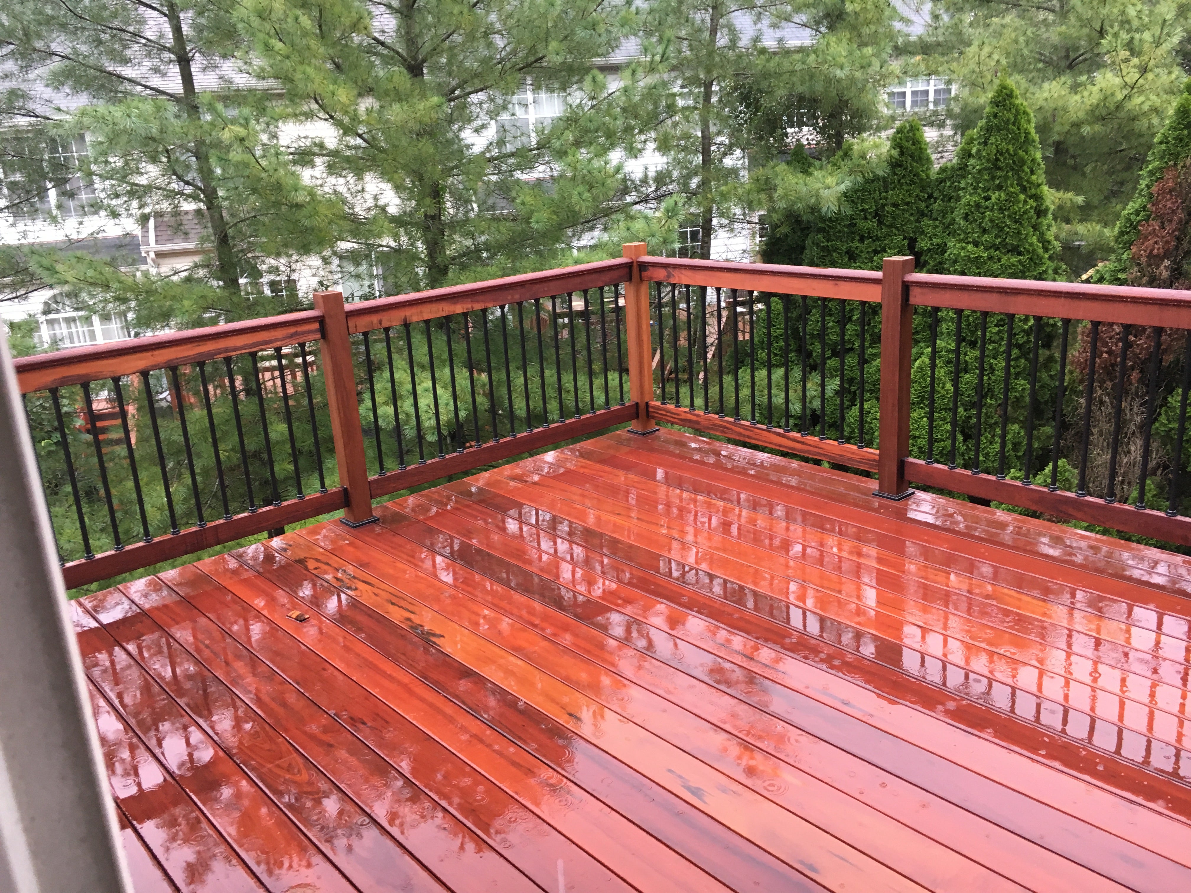 beautiful red stained deck with railings overlooking a lush backyard with trees