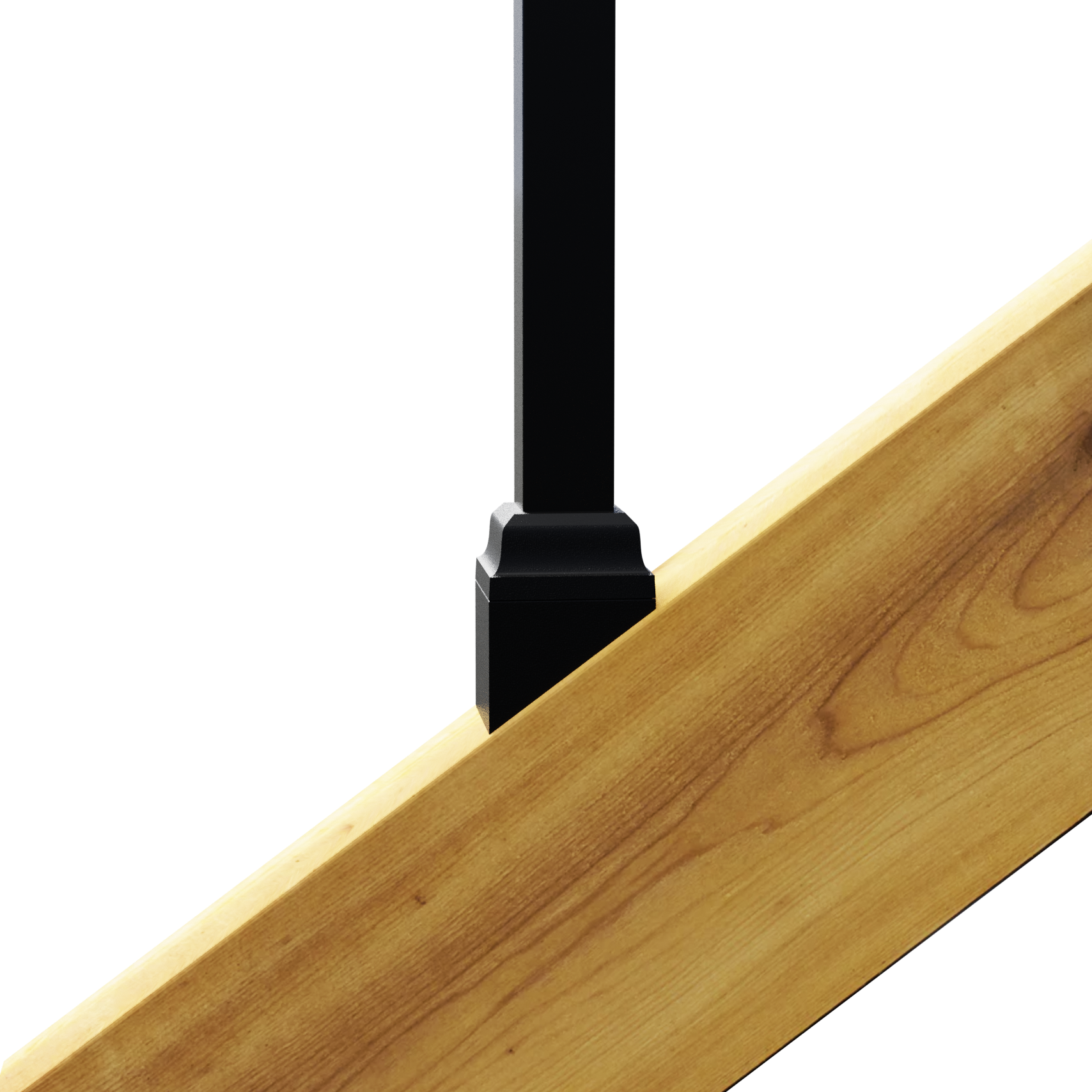 A Snapn Lock® Stair Adapter Plus black metal square connector is attached to a light wood plank, highlighting the woods grain against a solid black background.