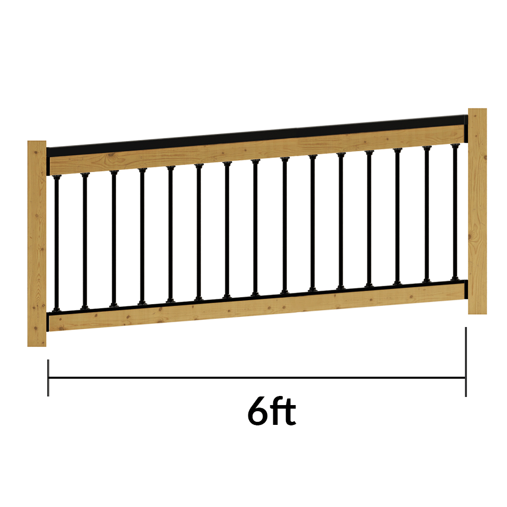 Wooden fence panel with black metal railing and dimensions on a white background