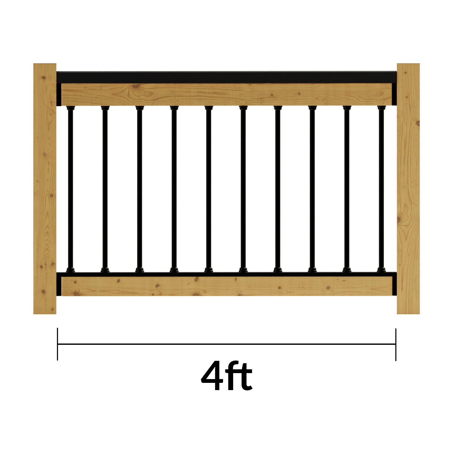 Wooden railing with metal balusters and dimensions labeled on a white background