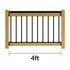 Wooden railing with metal balusters and dimensions labeled on a white background