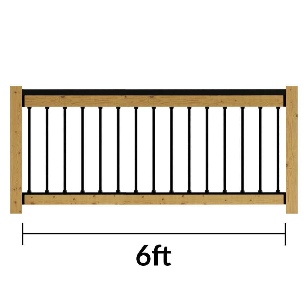 Wooden railing panel with black metal railing and measurement '6ft' on a white background