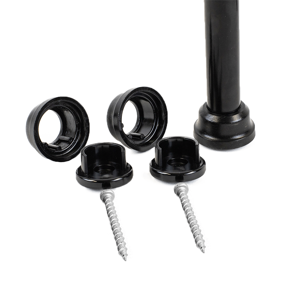 two black snap'n lock connectors on a white background with a baluster to the right of it