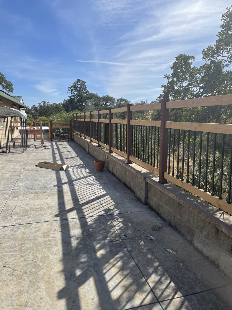 Paved walkway with a metal fence and trees in the background