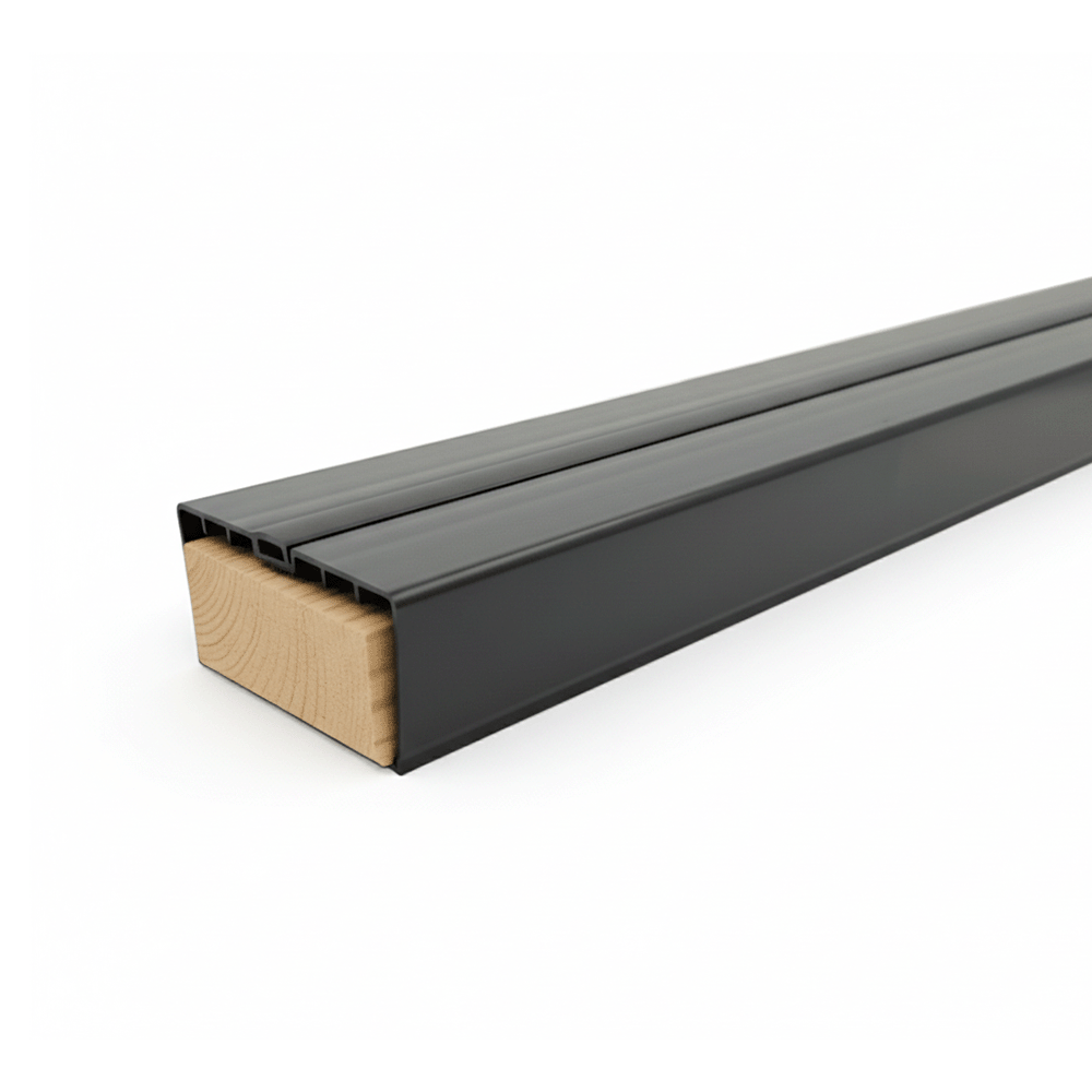 polycarbonate rail shield handrail strip with wooden block on a white background