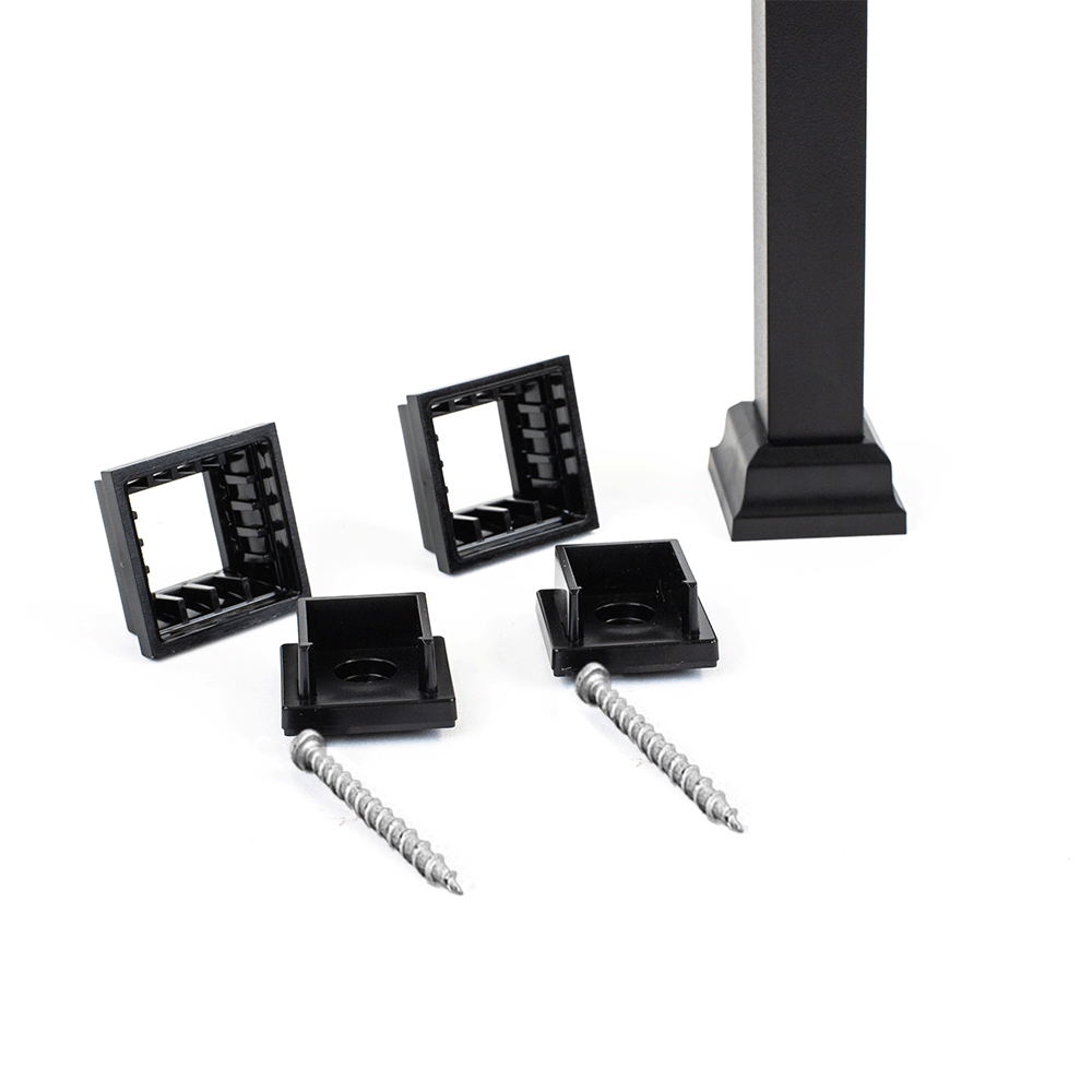 A close-up of black hardware pieces on a white background showcases two square braces, two rectangular mounts, two screws, and a black post with a square base. Perfectly designed for the Snapn Lock® Baluster Kit-Square, these components ensure seamless integration into your powder-coated railing setup.