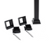 A close-up of black hardware pieces on a white background showcases two square braces, two rectangular mounts, two screws, and a black post with a square base. Perfectly designed for the Snapn Lock® Baluster Kit-Square, these components ensure seamless integration into your powder-coated railing setup.