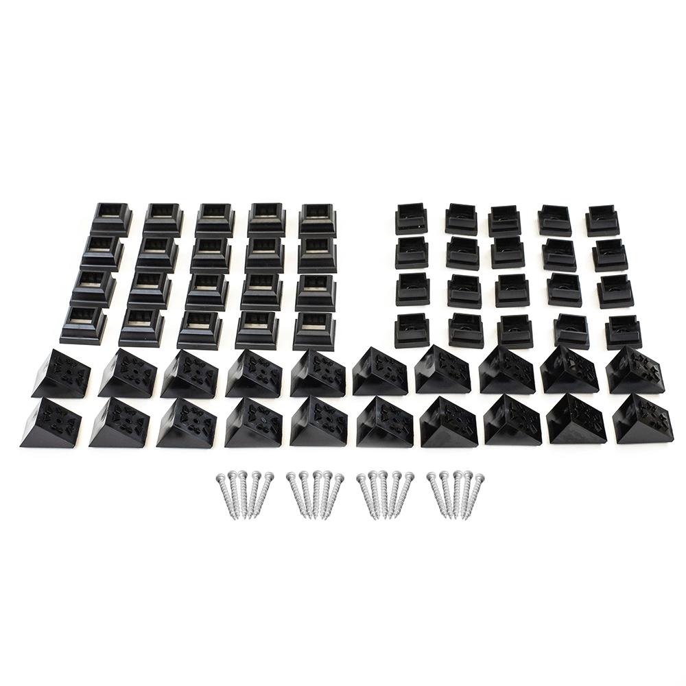 Rows of black, pyramid-shaped Snapn Lock® Stair Adapter Plus Connectors with adhesive backs and matching screws are neatly arranged on a white background. These connectors are lined up in four rows, each accompanied by screws below for secure installation.
