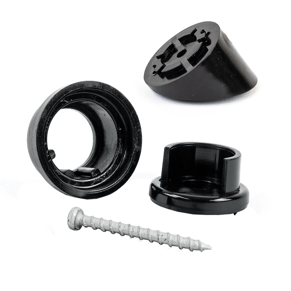 Close-up of black Snapn Lock® Stair Adapter Plus Connectors and a metal screw on a white background. The circular components are designed for easy assembly, possibly with aluminum balusters. The screw is positioned diagonally, highlighting its threads and pointed tip.