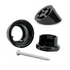 Close-up of black Snapn Lock® Stair Adapter Plus Connectors and a metal screw on a white background. The circular components are designed for easy assembly, possibly with aluminum balusters. The screw is positioned diagonally, highlighting its threads and pointed tip.