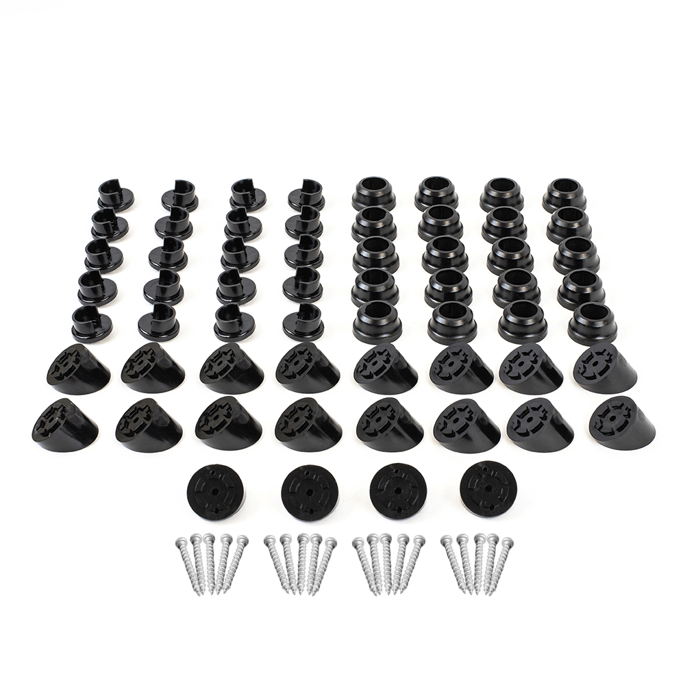 Set of black plastic components and screws on a white background
