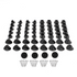 Set of black plastic components and screws on a white background